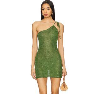 NEW Bananhot Eliza Mini Dress in Glitter Jungle Green Sheer Knit One Shoulder XS